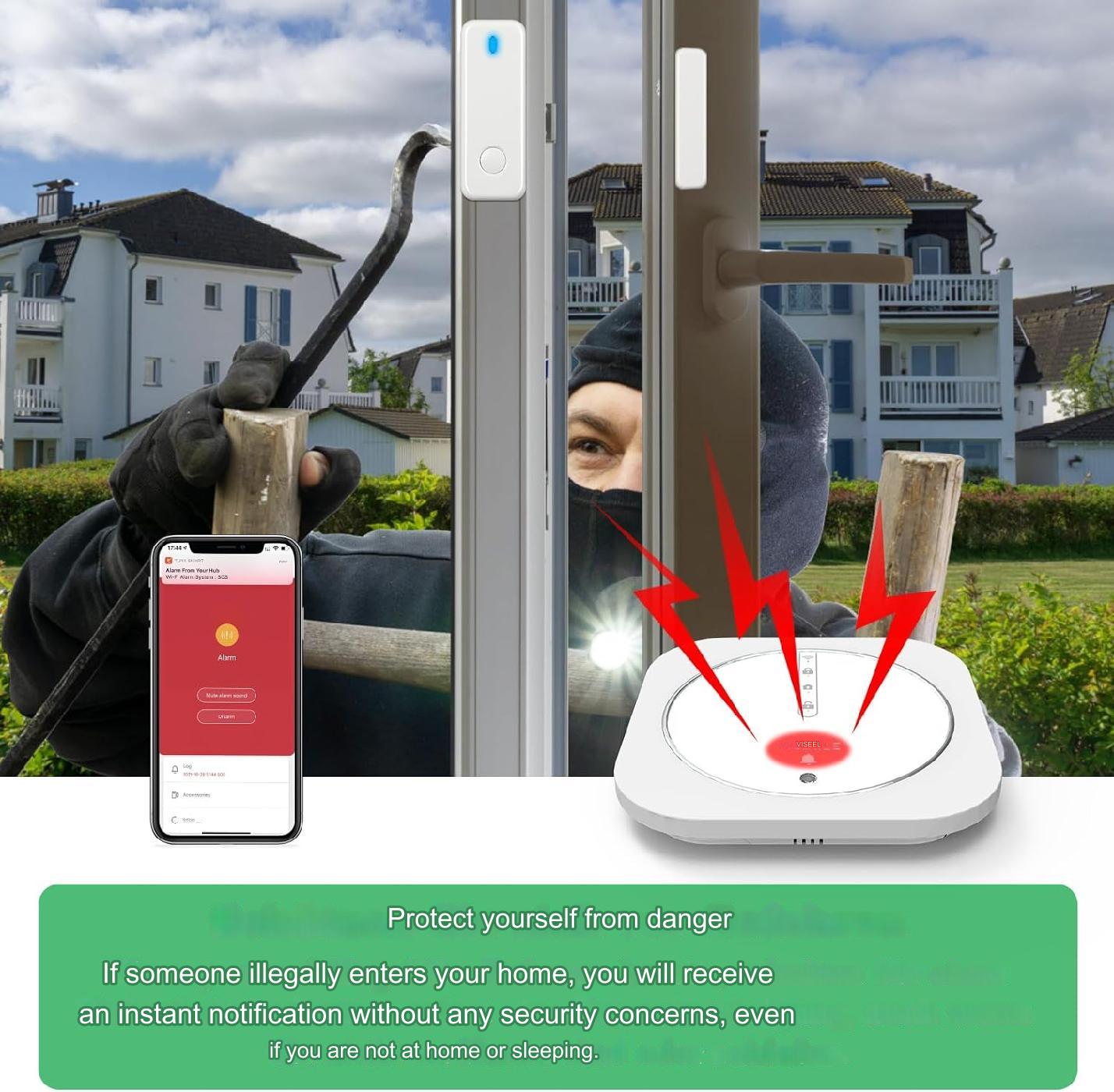 Sistem de alarma WiFi smart, pentru usi si ferestre, cu 10 senzori, magnetici, senzor de miscare, 2 telecomenzi, plug and play, control prin aplicatie, compatibil Alexa si Google Home, sirena 120 dB, pentru casa, garaj, birou