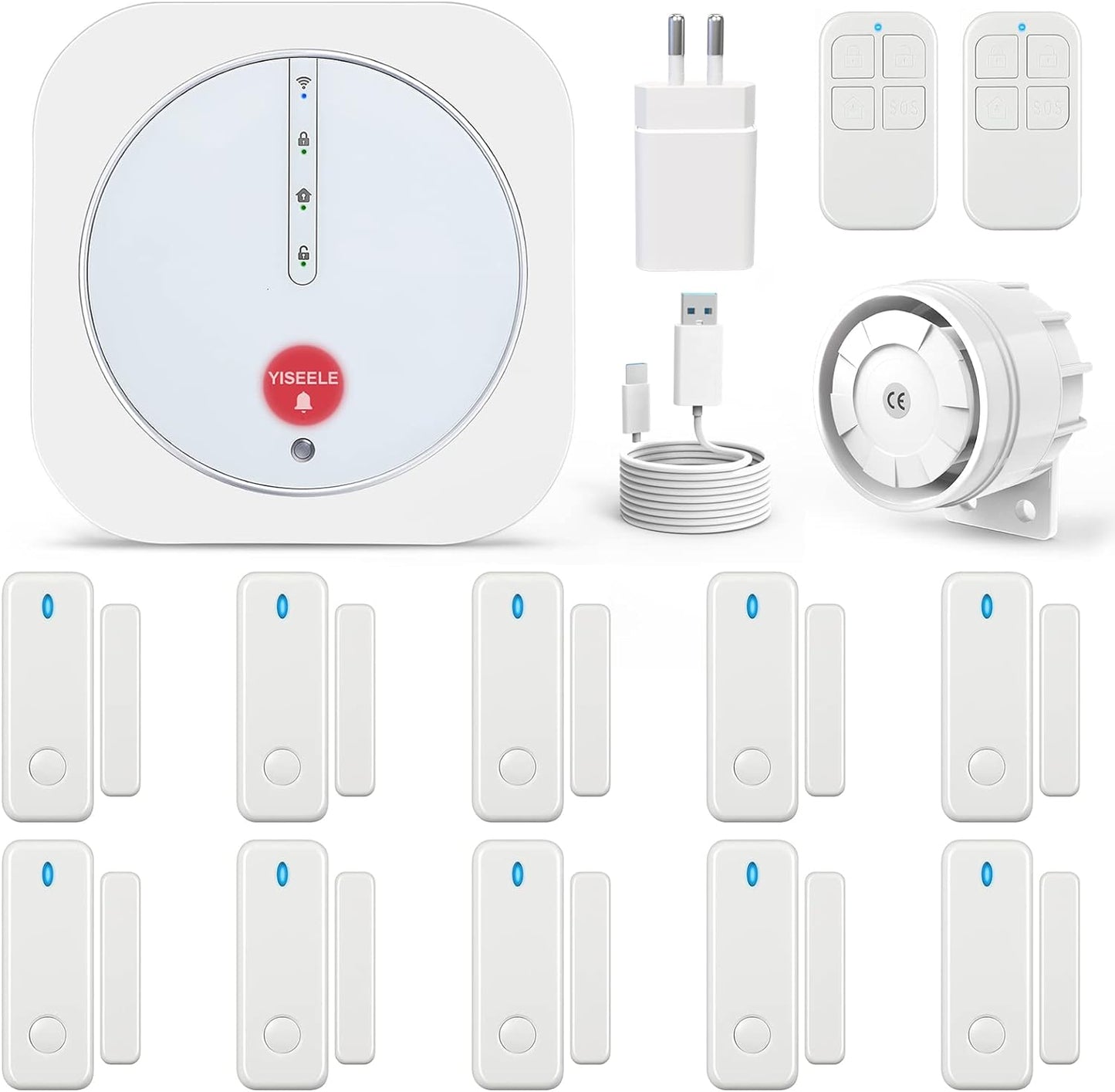 Sistem de alarma WiFi smart, pentru usi si ferestre, cu 10 senzori, magnetici, senzor de miscare, 2 telecomenzi, plug and play, control prin aplicatie, compatibil Alexa si Google Home, sirena 120 dB, pentru casa, garaj, birou