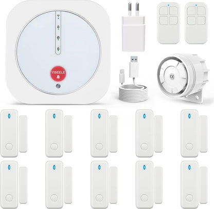 Sistem de alarma WiFi smart, pentru usi si ferestre, cu 10 senzori, magnetici, senzor de miscare, 2 telecomenzi, plug and play, control prin aplicatie, compatibil Alexa si Google Home, sirena 120 dB, pentru casa, garaj, birou