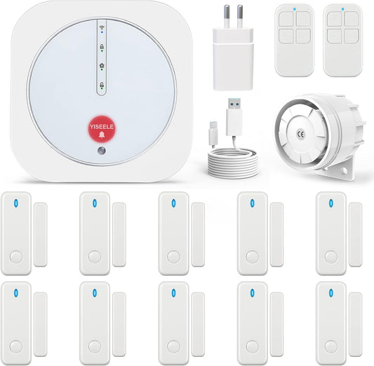 Sistem de alarma WiFi smart, pentru usi si ferestre, cu 10 senzori, magnetici, senzor de miscare, 2 telecomenzi, plug and play, control prin aplicatie, compatibil Alexa si Google Home, sirena 120 dB, pentru casa, garaj, birou