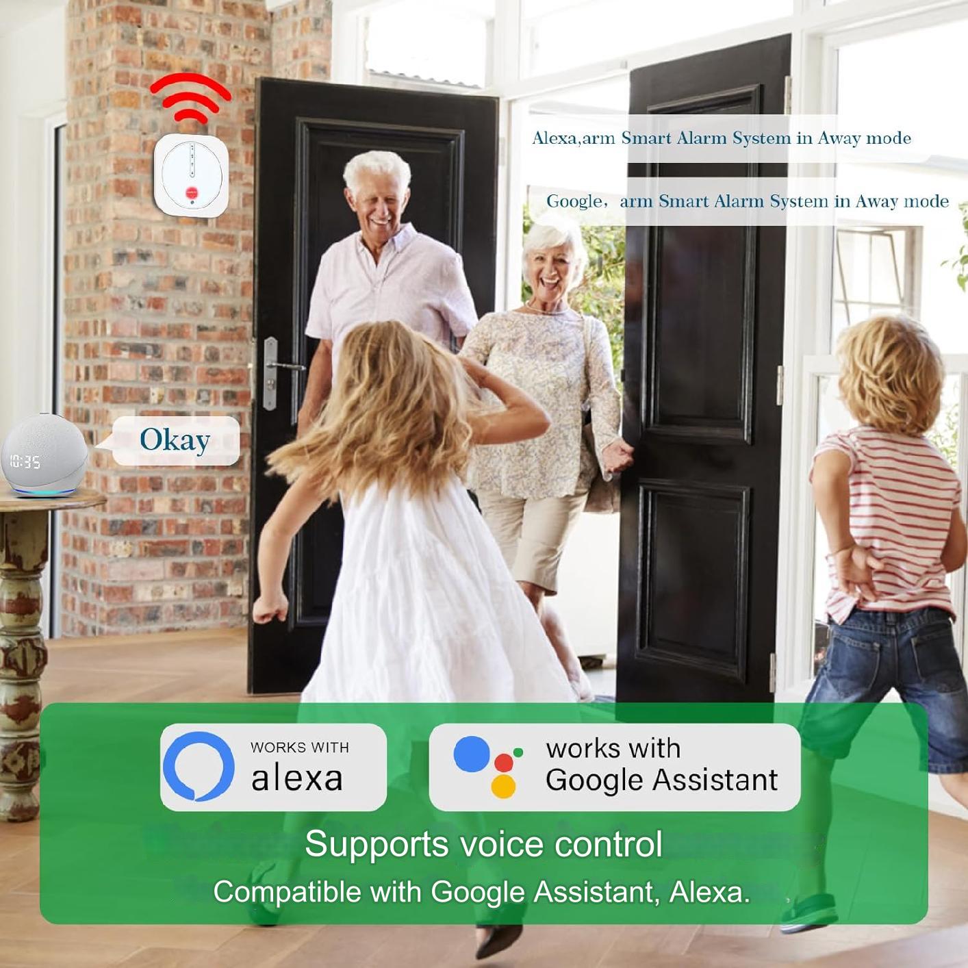 Sistem de alarma WiFi smart, pentru usi si ferestre, cu 10 senzori, magnetici, senzor de miscare, 2 telecomenzi, plug and play, control prin aplicatie, compatibil Alexa si Google Home, sirena 120 dB, pentru casa, garaj, birou