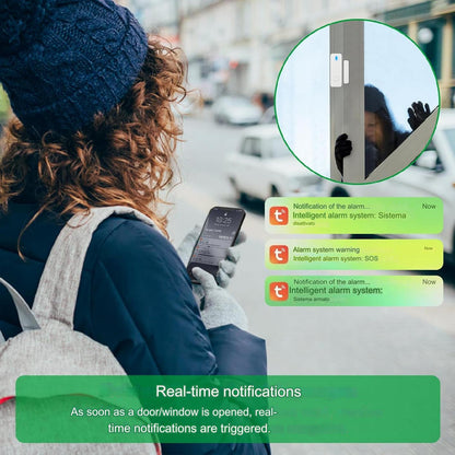 Sistem de alarma WiFi smart, pentru usi si ferestre, cu 10 senzori, magnetici, senzor de miscare, 2 telecomenzi, plug and play, control prin aplicatie, compatibil Alexa si Google Home, sirena 120 dB, pentru casa, garaj, birou