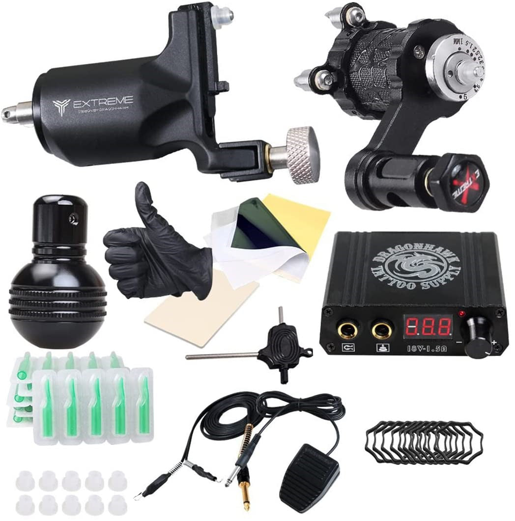 Set de 2 masini de tatuat cu sursa de alimentare, pedala, masini de tatuat rotative DragonHawk Extreme V2