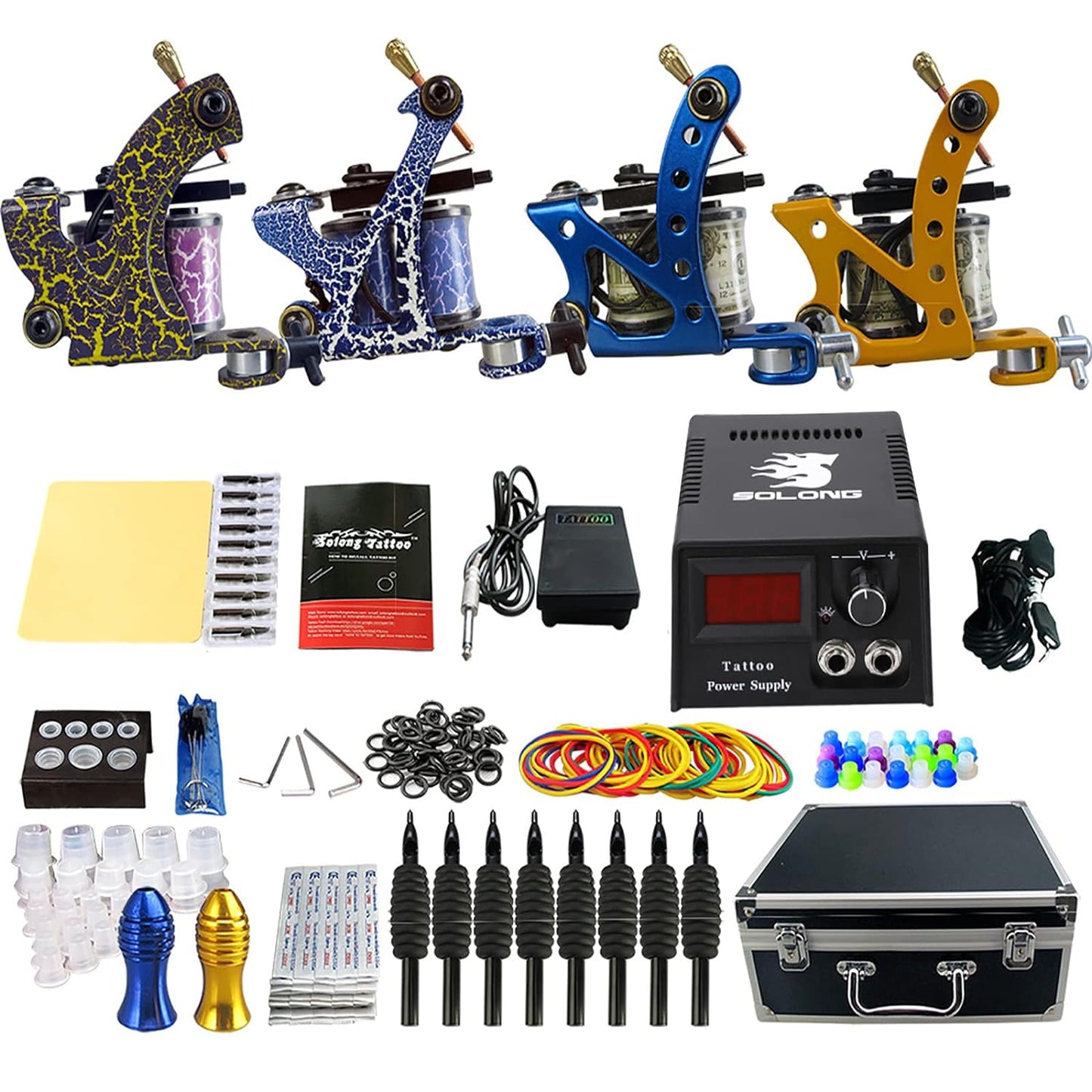 Set 4 masini de tatuat cu accesorii, sursa, ace si cutie de transport , Aparat de tatuat
