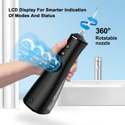 Irigator oral pentru dus bucal, portabil, reincarcabil, cu functie de memorie, presiune 30 120 PSI, duza rotativa la 360 grade, display LCD, impermeabil IPX7, 260 militri, 10 moduri, 4 viteze, baterie 2000mAh, 7 capate interschimbabile, negru