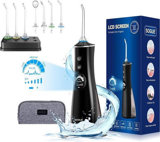 Irigator oral pentru dus bucal, portabil, reincarcabil, cu functie de memorie, presiune 30 120 PSI, duza rotativa la 360 grade, display LCD, impermeabil IPX7, 260 militri, 10 moduri, 4 viteze, baterie 2000mAh, 7 capate interschimbabile, negru