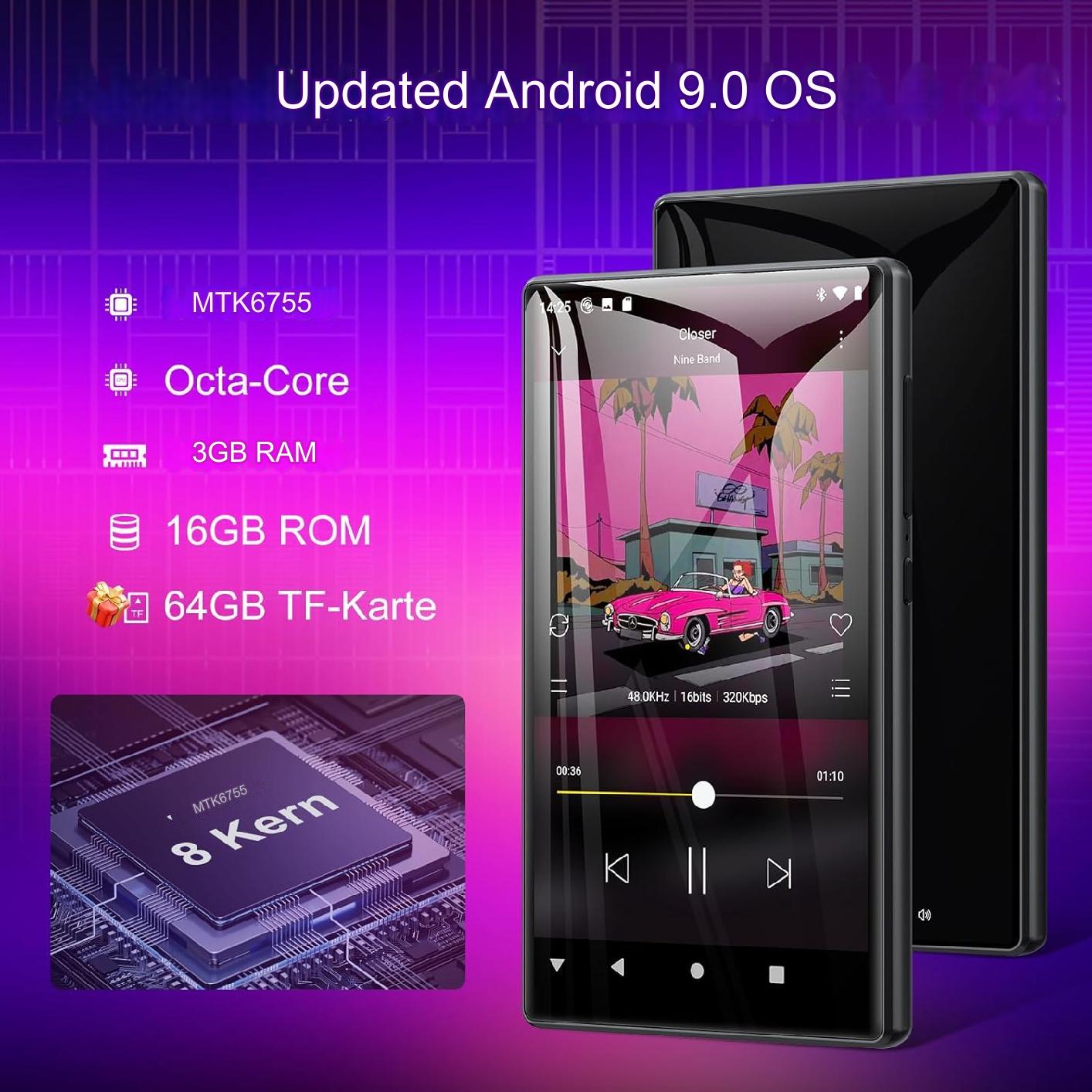MP4 Player de 80GB cu WiFi, Bluetooth, Touchscreen de 5.0 inch, sistem de operare Android 9.0, procesor MTK 8 nuclee, accepta descarcarea APK, Browser, E-Book, Recorder, Egalizator, Mechen, negru