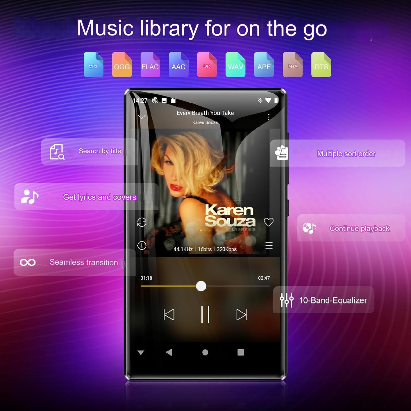 MP4 Player de 80GB cu WiFi, Bluetooth, Touchscreen de 5.0 inch, sistem de operare Android 9.0, procesor MTK 8 nuclee, accepta descarcarea APK, Browser, E-Book, Recorder, Egalizator, Mechen, negru