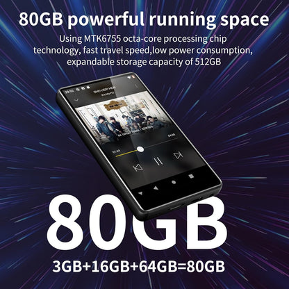 MP4 Player de 80 GB cu WiFi, Bluetooth, Touchscreen de 4.0 inch, sistem de operare Android 8.1 OS, procesor cu 8 nuclee de 1,92 GHz, aplicati preinstalate, Play Store, Browser, E-Book, Radio Fm, Recorder, Spotify, SWOFY negru