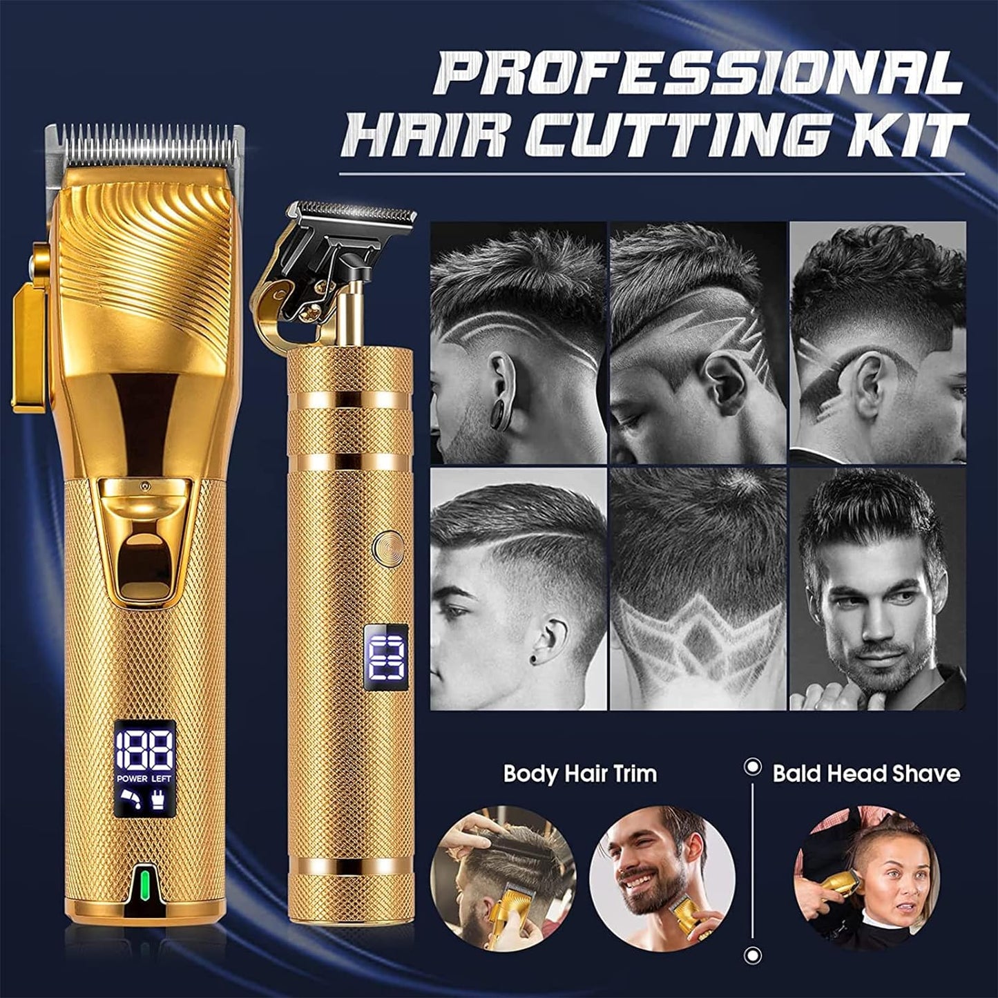 Set Masina de tuns profesionala, cu detailer pentru contur si barba, fara fir, reincarcabile, baterie 3000 mAh, autonomie de 300 min, design ergonomic, lama din titanium