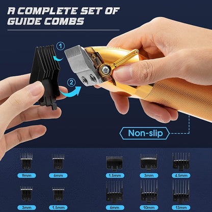 Set Masina de tuns profesionala, cu detailer pentru contur si barba, fara fir, reincarcabile, baterie 3000 mAh, autonomie de 300 min, design ergonomic, lama din titanium