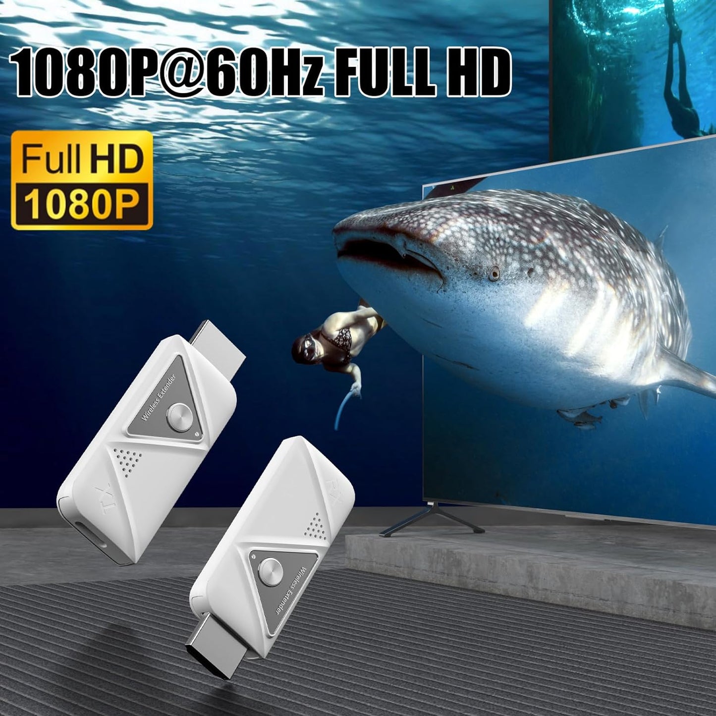 Kit Extender HDMI Wireless, Full HD 1080p 60Hz, dual band 2.4 si 5GHz, adaptor HDMI Plug and Play, pana la 30m, latenta scazuta, design slim, alb