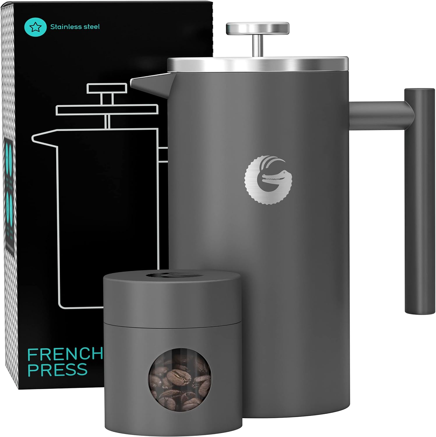 Cafetiera cu piston French Press 8 cesti, presa franceza cu perete dublu, capacitate 1 litru, din otel inoxidabil, cu recipient de depozitare cafea, gri