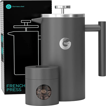 Cafetiera cu piston French Press 8 cesti, presa franceza cu perete dublu, capacitate 1 litru, din otel inoxidabil, cu recipient de depozitare cafea, gri