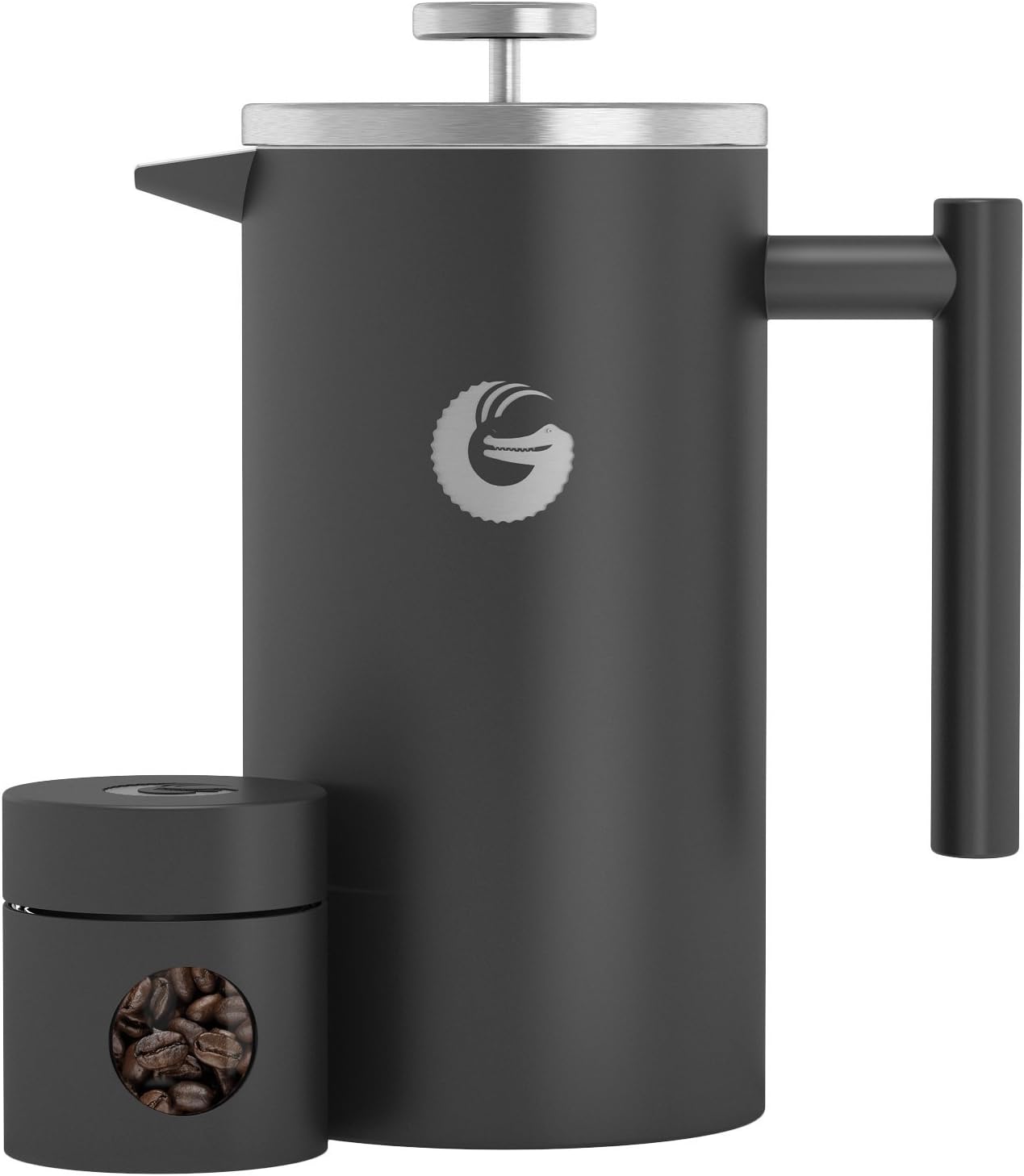Cafetiera cu piston French Press 8 cesti, presa franceza cu perete dublu, capacitate 1 litru, din otel inoxidabil, cu recipient de depozitare cafea, gri