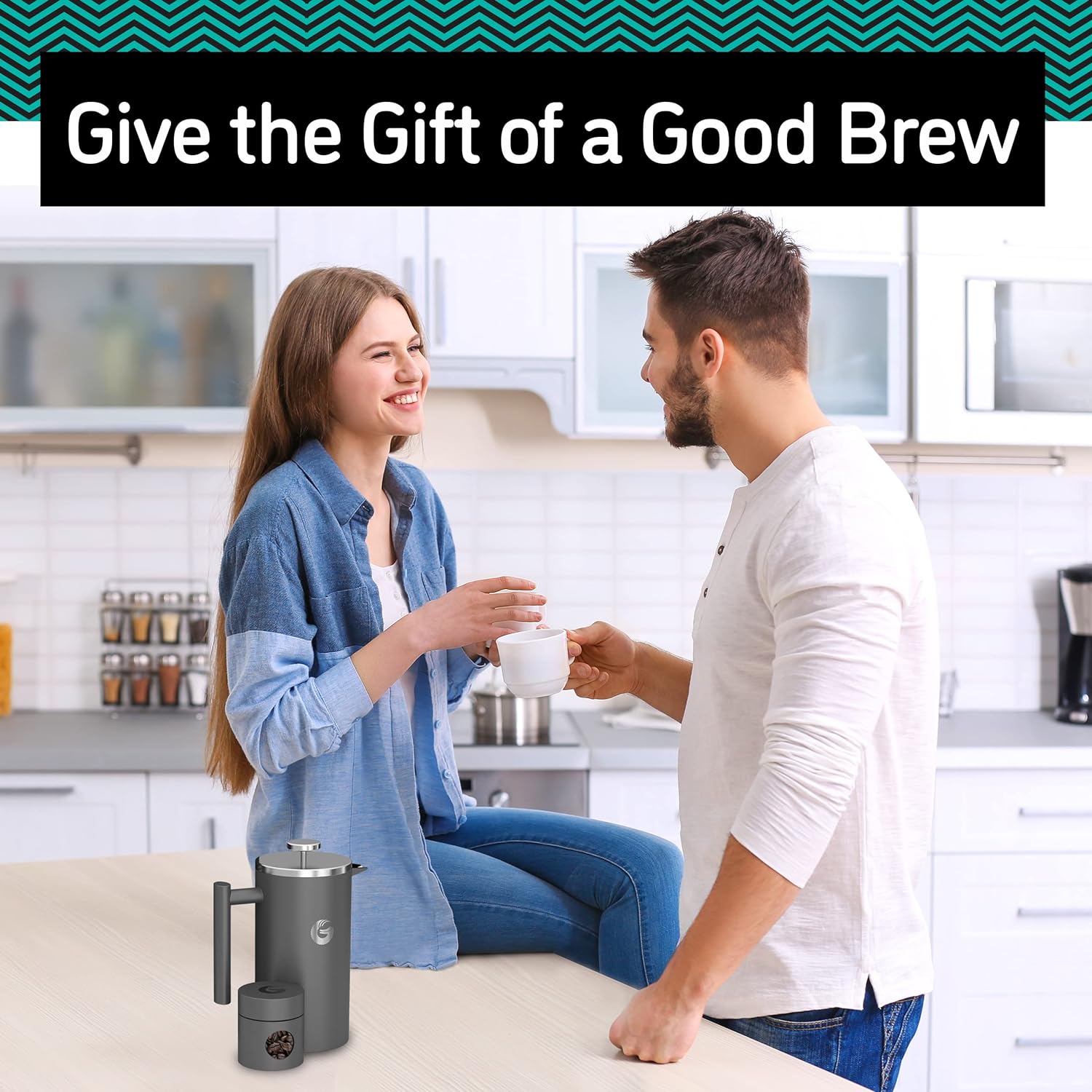 Cafetiera cu piston French Press 8 cesti, presa franceza cu perete dublu, capacitate 1 litru, din otel inoxidabil, cu recipient de depozitare cafea, gri