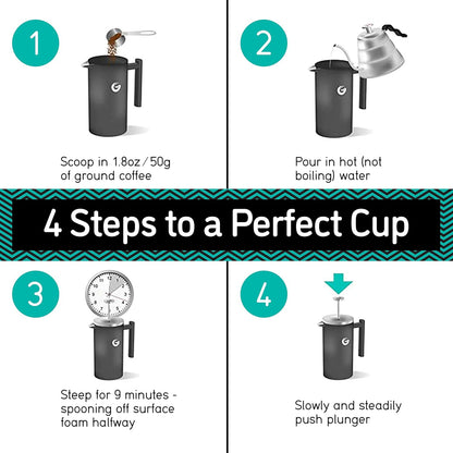 Cafetiera cu piston French Press 8 cesti, presa franceza cu perete dublu, capacitate 1 litru, din otel inoxidabil, cu recipient de depozitare cafea, gri