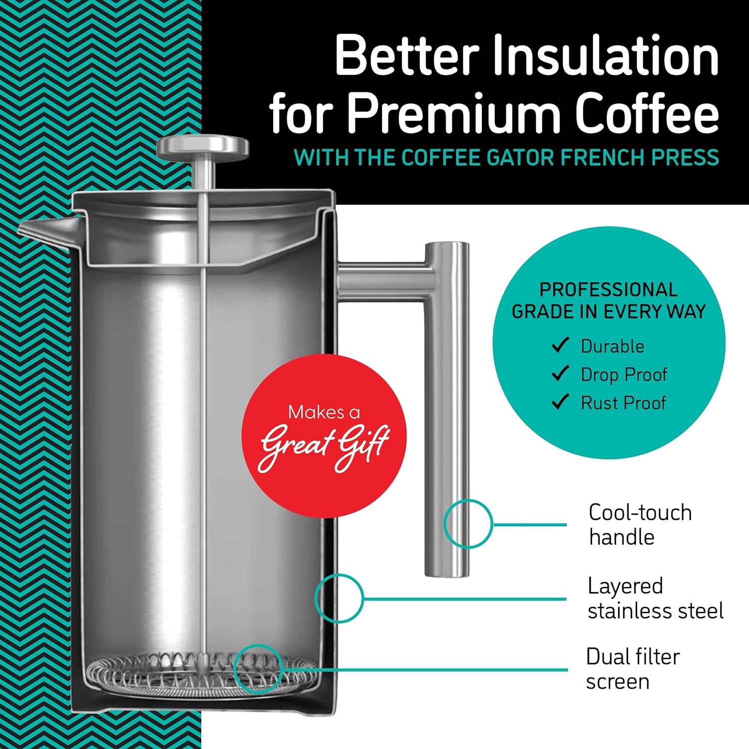 Cafetiera cu piston French Press 8 cesti, presa franceza cu perete dublu, capacitate 1 litru, din otel inoxidabil, cu recipient de depozitare cafea, gri