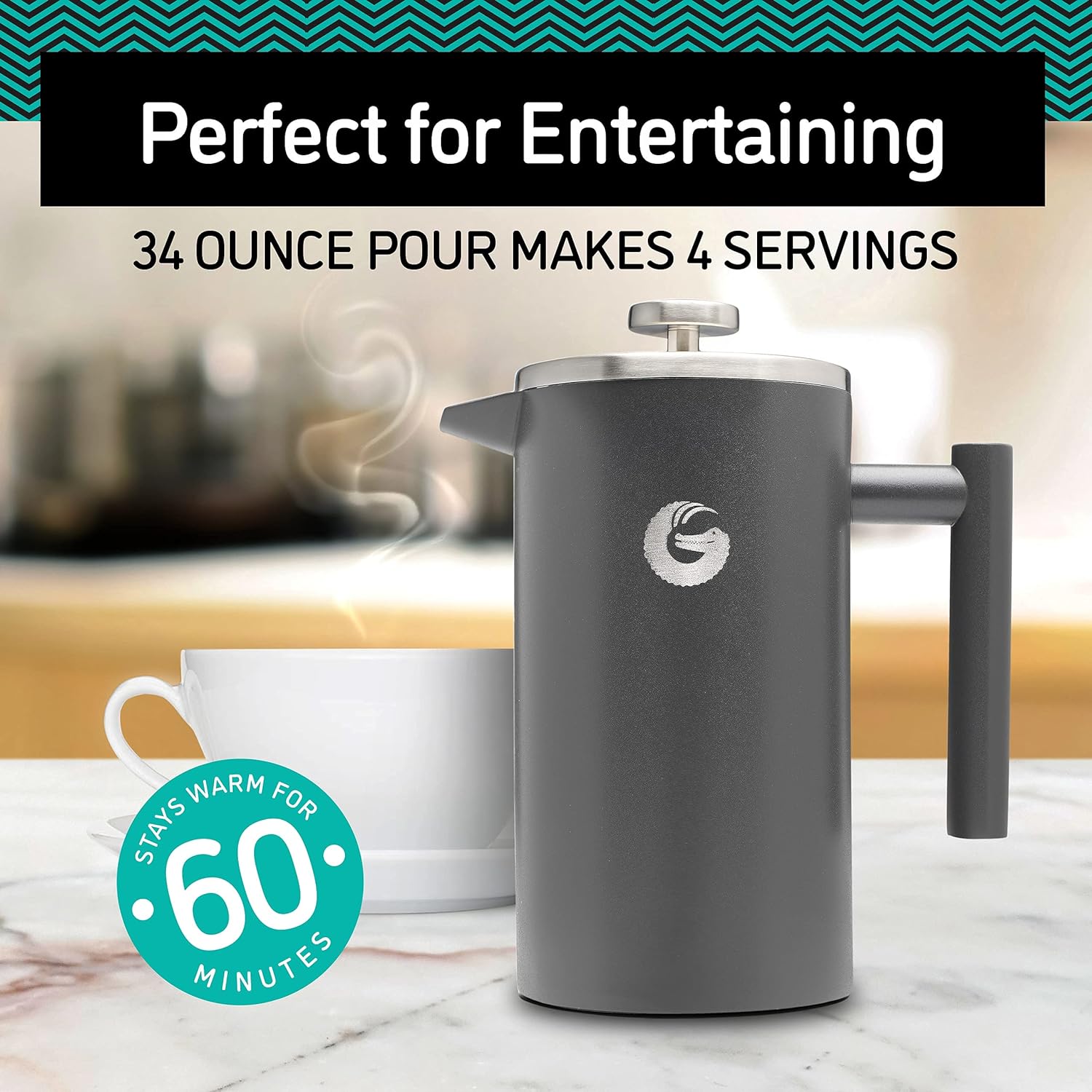 Cafetiera cu piston French Press 8 cesti, presa franceza cu perete dublu, capacitate 1 litru, din otel inoxidabil, cu recipient de depozitare cafea, gri