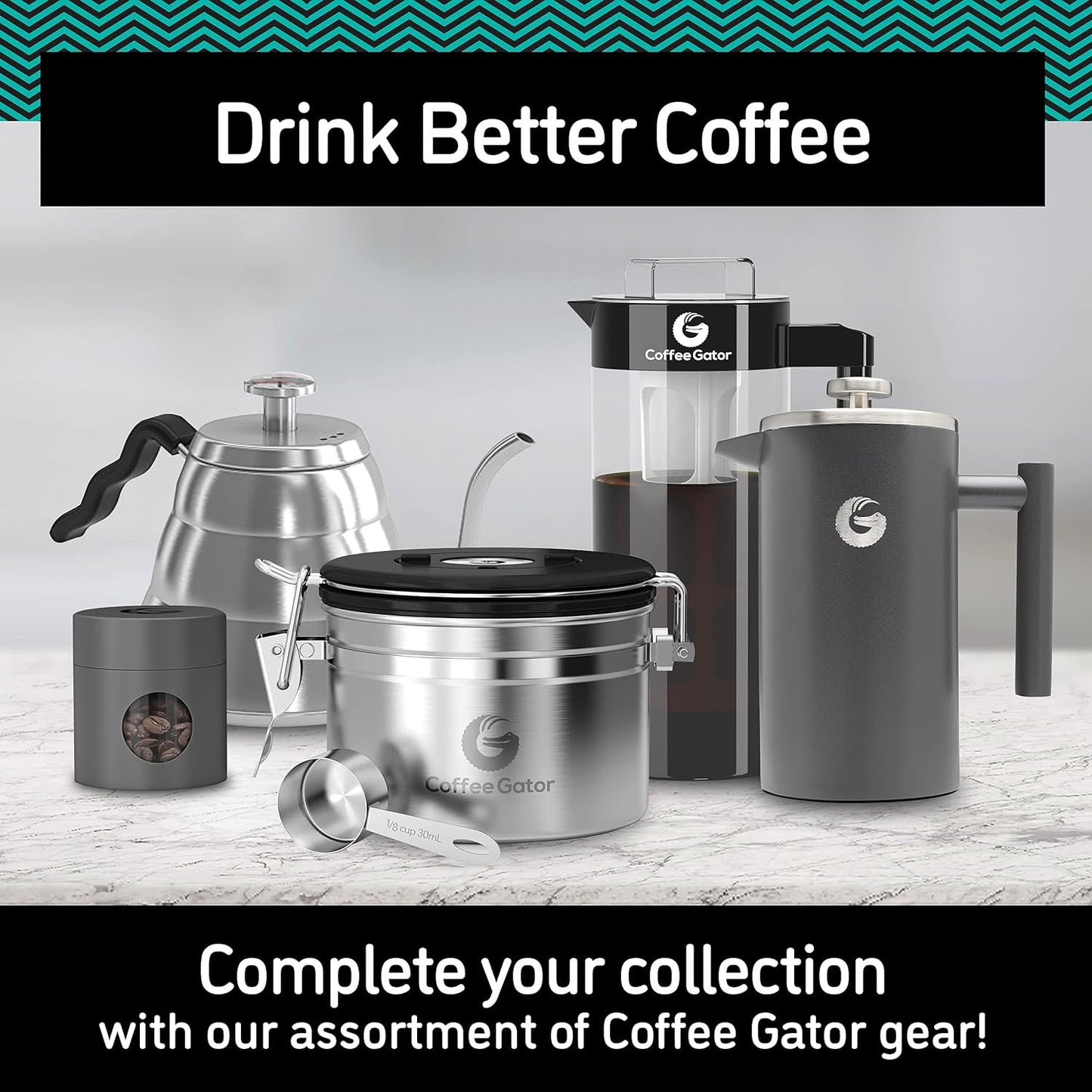 Cafetiera cu piston French Press 8 cesti, presa franceza cu perete dublu, capacitate 1 litru, din otel inoxidabil, cu recipient de depozitare cafea, gri