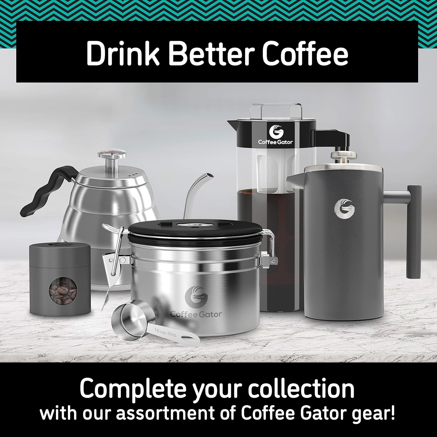 Cafetiera cu piston French Press 8 cesti, presa franceza cu perete dublu, capacitate 1 litru, din otel inoxidabil, cu recipient de depozitare cafea, gri