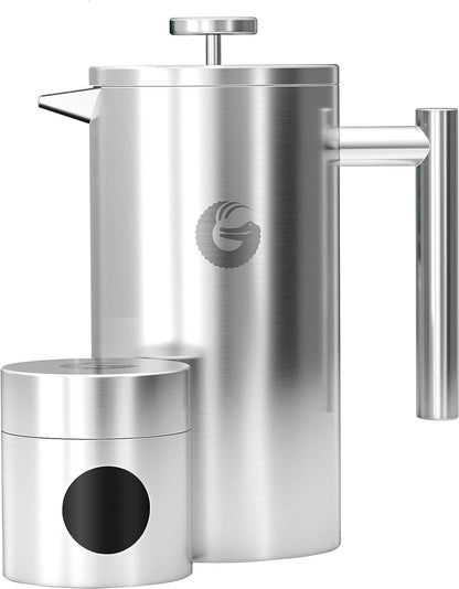 Cafetiera cu piston French Press 8 cesti, presa franceza cu perete dublu, capacitate 1 litru, din otel inoxidabil, cu recipient de depozitare cafea, argintiu