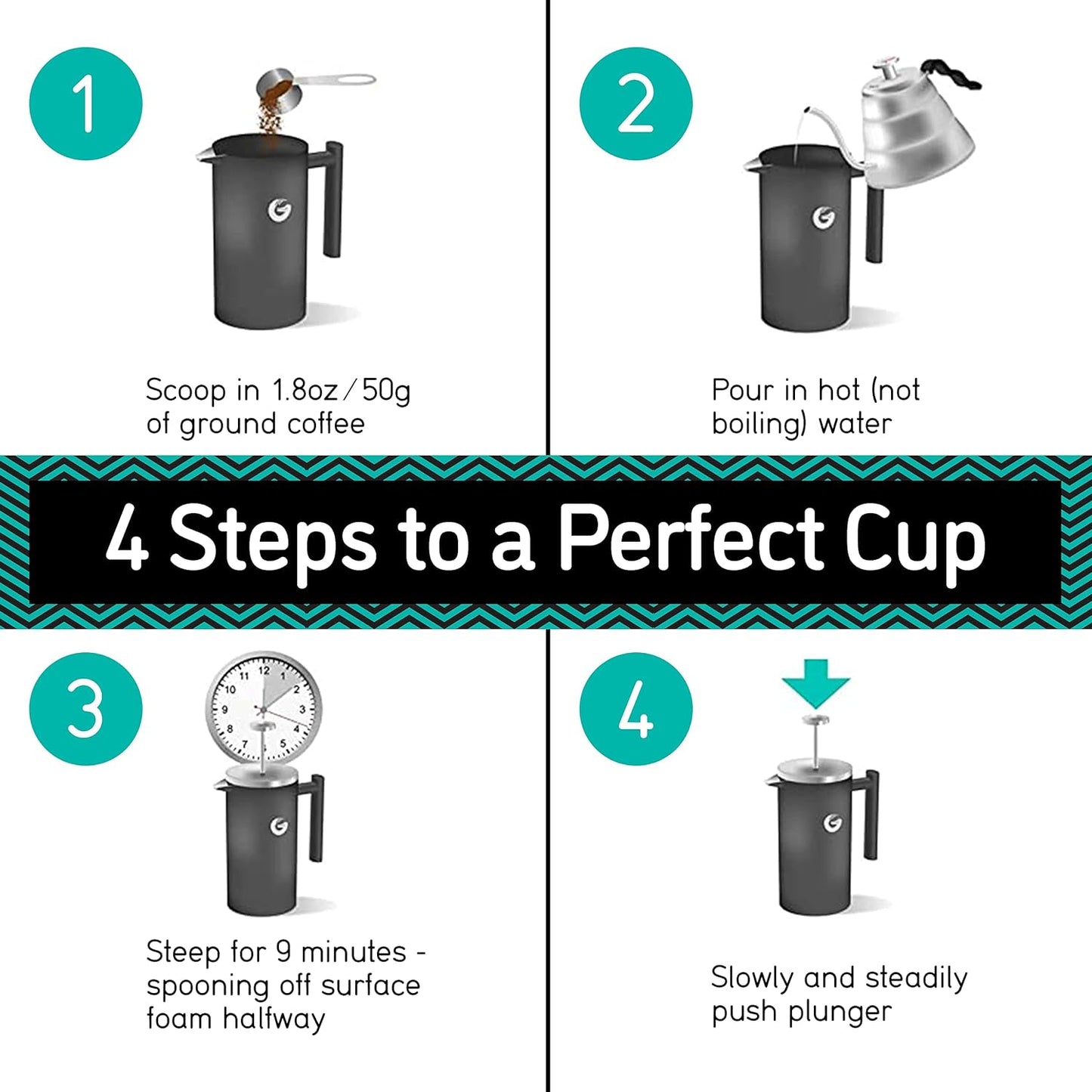 Cafetiera cu piston French Press 8 cesti, presa franceza cu perete dublu, capacitate 1 litru, din otel inoxidabil, cu recipient de depozitare cafea, argintiu