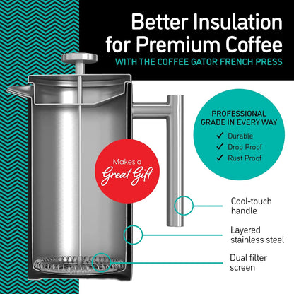 Cafetiera cu piston French Press 8 cesti, presa franceza cu perete dublu, capacitate 1 litru, din otel inoxidabil, cu recipient de depozitare cafea, argintiu