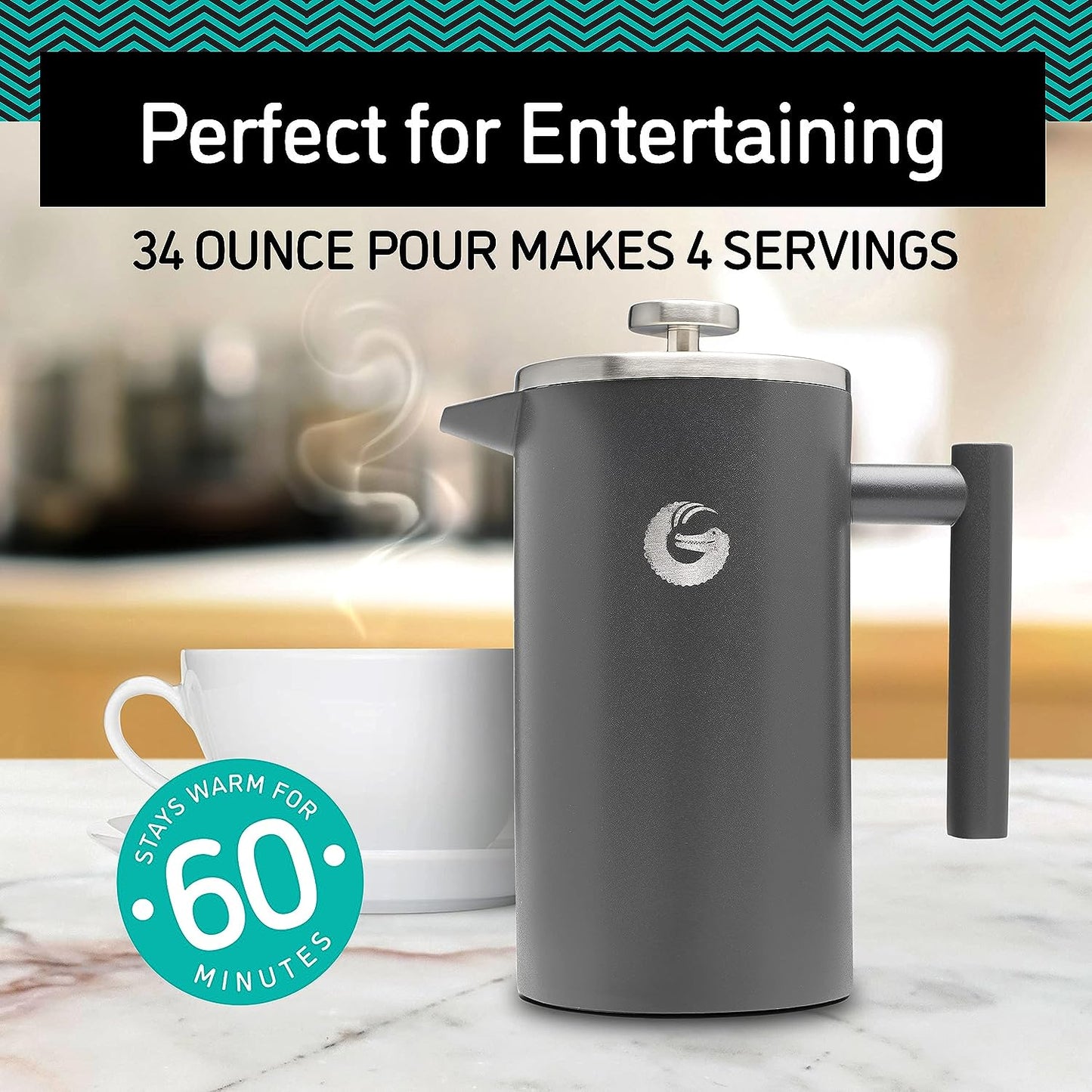 Cafetiera cu piston French Press 8 cesti, presa franceza cu perete dublu, capacitate 1 litru, din otel inoxidabil, cu recipient de depozitare cafea, argintiu