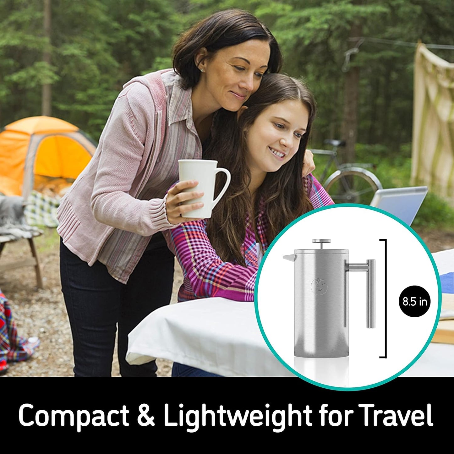 Cafetiera cu piston French Press 8 cesti, presa franceza cu perete dublu, capacitate 1 litru, din otel inoxidabil, cu recipient de depozitare cafea, argintiu