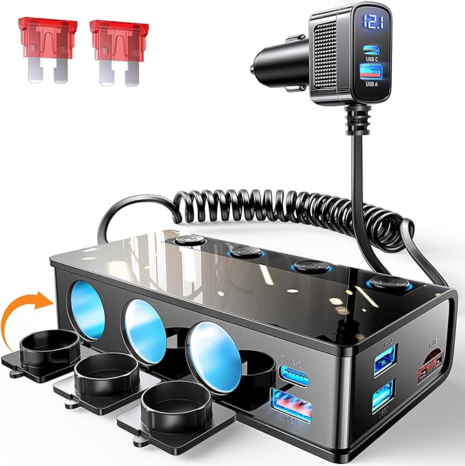 Adaptor bricheta auto 191W Pro, 12V/24V, cu 2 porturi QC & 3.0 18W, 2 PD & 3.0 Pro 30W, 3 prize soclu 80W, 2 porturi USB 15W, monitorizare LED a tensiunii, intrerupatoare, incarcator priza auto pentru smartphone, tableta, dashcam