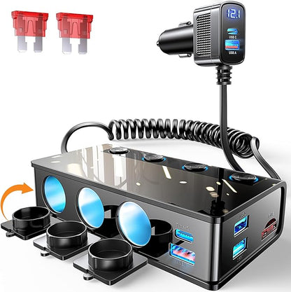Adaptor bricheta auto 191W Pro, 12V/24V, cu 2 porturi QC & 3.0 18W, 2 PD & 3.0 Pro 30W, 3 prize soclu 80W, 2 porturi USB 15W, monitorizare LED a tensiunii, intrerupatoare, incarcator priza auto pentru smartphone, tableta, dashcam