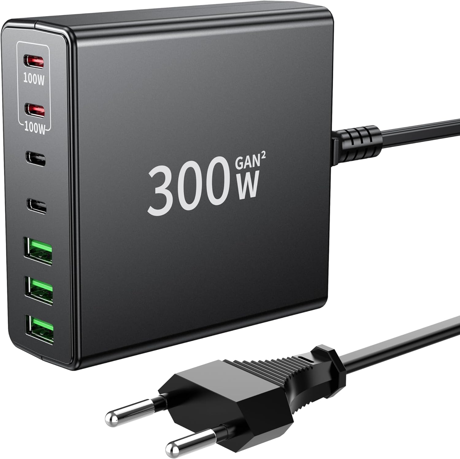 Incarcator retea 300 W USB C GaN, statie de incarcare cu 7 porturi, 2 porturi USB-C 100W, 2 porturi USB-C 25 W si 3 porturi USB A 15 W, incarcare rapida, pentru MacBook Air, Laptop, iPhone, iPad, Samsung, AirPods Pro si Nintendo Switch