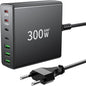 Incarcator retea 300 W USB C GaN, statie de incarcare cu 7 porturi, 2 porturi USB-C 100W, 2 porturi USB-C 25 W si 3 porturi USB A 15 W, incarcare rapida, pentru MacBook Air, Laptop, iPhone, iPad, Samsung, AirPods Pro si Nintendo Switch