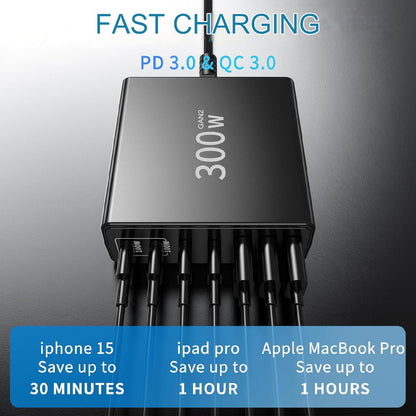 Incarcator retea 300 W USB C GaN, statie de incarcare cu 7 porturi, 2 porturi USB-C 100W, 2 porturi USB-C 25 W si 3 porturi USB A 15 W, incarcare rapida, pentru MacBook Air, Laptop, iPhone, iPad, Samsung, AirPods Pro si Nintendo Switch