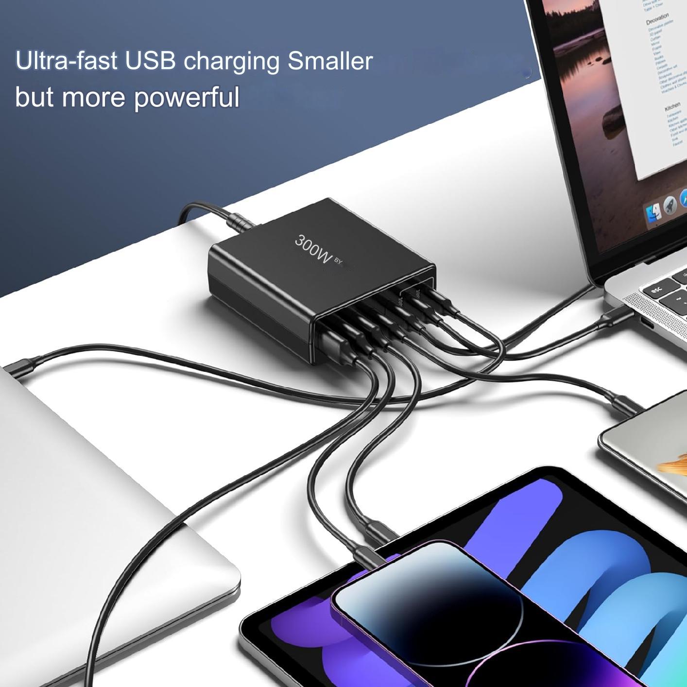 Incarcator retea 300 W USB C GaN, statie de incarcare cu 7 porturi, 2 porturi USB-C 100W, 2 porturi USB-C 25 W si 3 porturi USB A 15 W, incarcare rapida, pentru MacBook Air, Laptop, iPhone, iPad, Samsung, AirPods Pro si Nintendo Switch