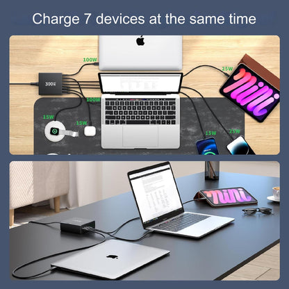 Incarcator retea 300 W USB C GaN, statie de incarcare cu 7 porturi, 2 porturi USB-C 100W, 2 porturi USB-C 25 W si 3 porturi USB A 15 W, incarcare rapida, pentru MacBook Air, Laptop, iPhone, iPad, Samsung, AirPods Pro si Nintendo Switch