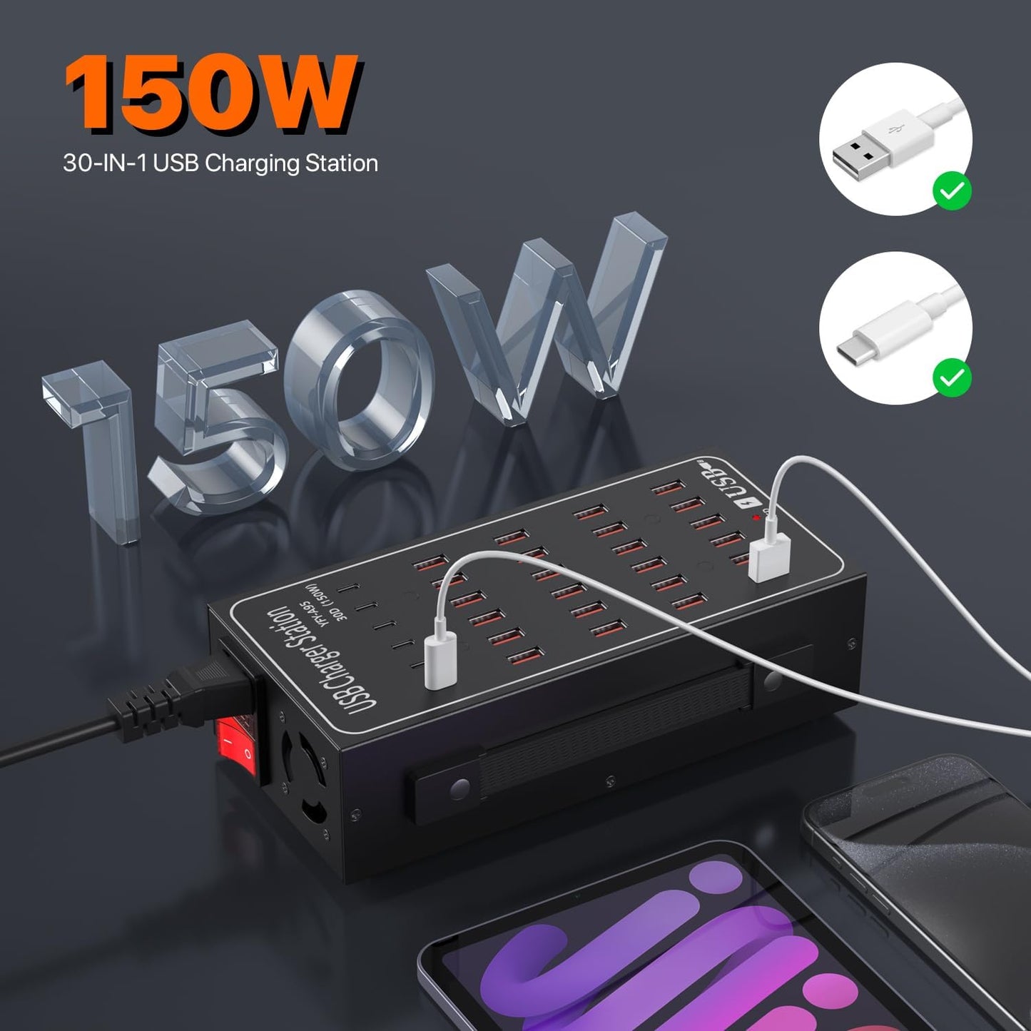 Incarcator retea 150 W, statie de incarcare cu 30 porturi, 6 porturi USB-C, 24 porturi USB-A, incarcare rapida, pentru Samsung, iPhone, Google Pixel, Xiaomi, Oppo si iPad