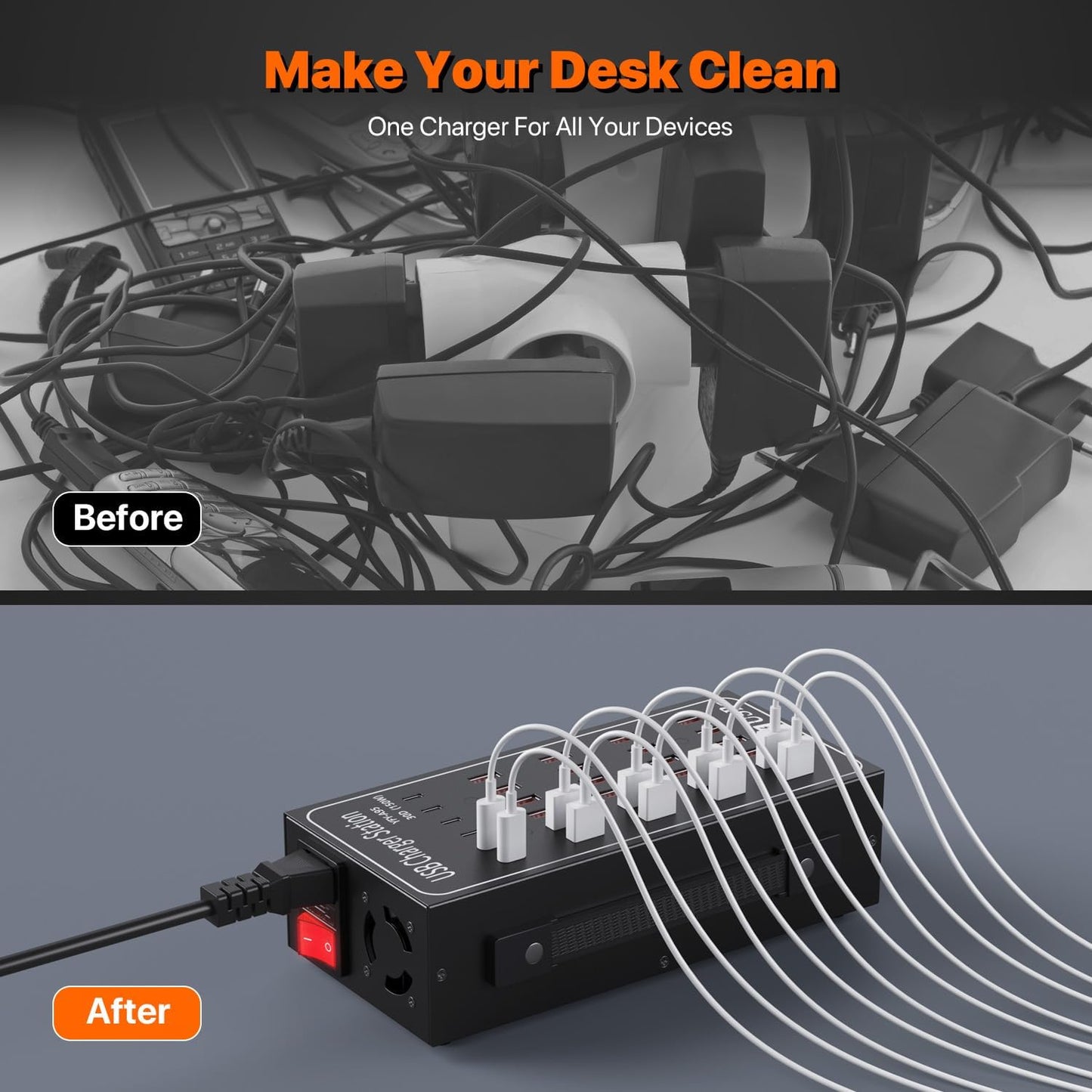 Incarcator retea 150 W, statie de incarcare cu 30 porturi, 6 porturi USB-C, 24 porturi USB-A, incarcare rapida, pentru Samsung, iPhone, Google Pixel, Xiaomi, Oppo si iPad