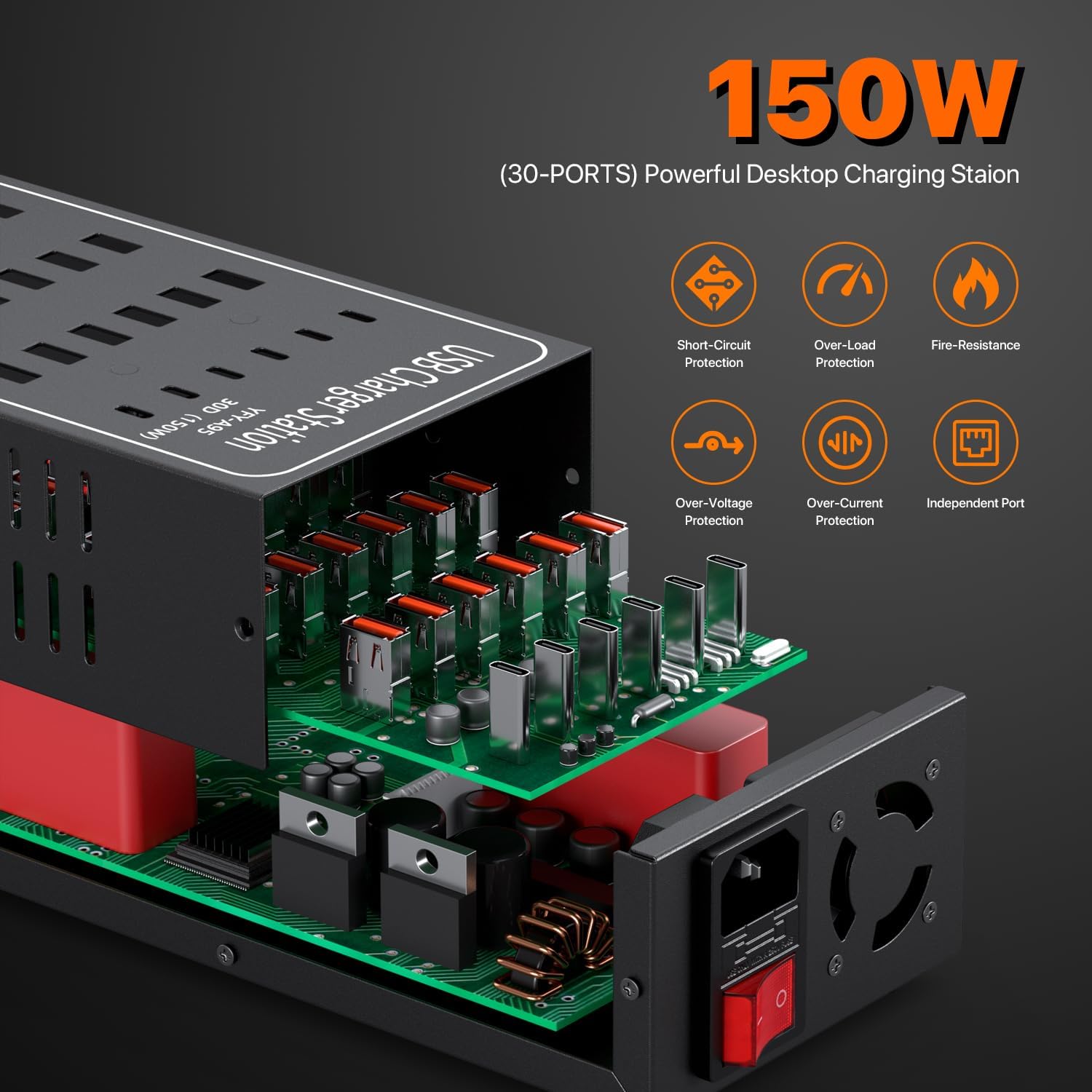 Incarcator retea 150 W, statie de incarcare cu 30 porturi, 6 porturi USB-C, 24 porturi USB-A, incarcare rapida, pentru Samsung, iPhone, Google Pixel, Xiaomi, Oppo si iPad