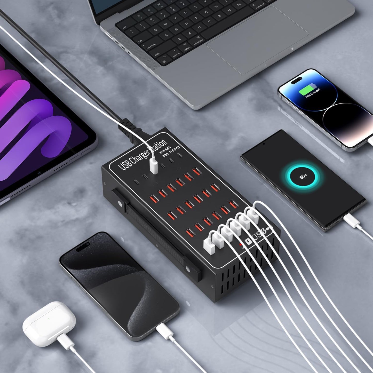 Incarcator retea 150 W, statie de incarcare cu 30 porturi, 6 porturi USB-C, 24 porturi USB-A, incarcare rapida, pentru Samsung, iPhone, Google Pixel, Xiaomi, Oppo si iPad