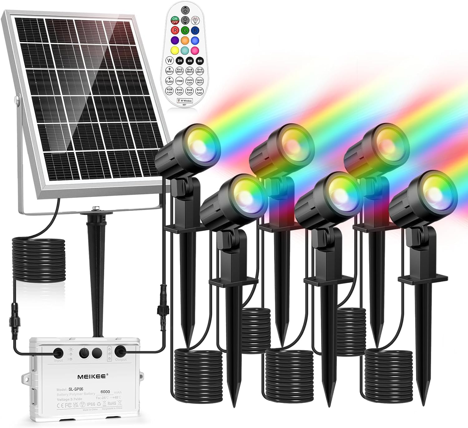 Set 6 lampi gradina cu panou solar, proiector cu LED RGB si telecomanda, acumulator 6000 mAh, impermeabila IP66, 12 moduri iluminare in 10 culori diferite, cu tarus si cablu de 20 metri lungime