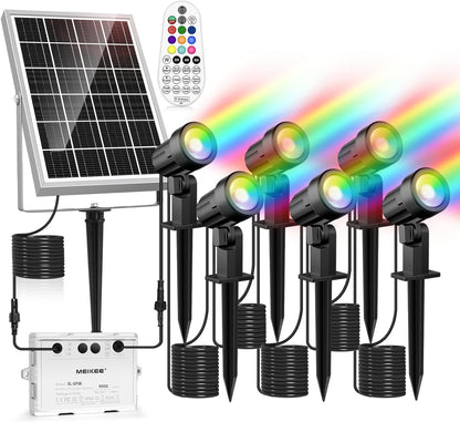 Set 6 lampi gradina cu panou solar, proiector cu LED RGB si telecomanda, acumulator 6000 mAh, impermeabila IP66, 12 moduri iluminare in 10 culori diferite, cu tarus si cablu de 20 metri lungime