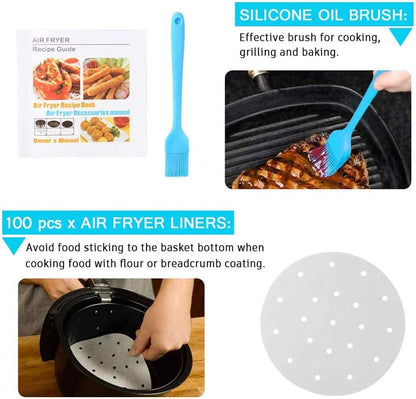 Set 12 accesorii pentru friteuza cu aer cald, compatibil cu modelele Airfryer de 3.3 litri, cu forme de prajituri, tava pentru pizza, tava de coacere, gratare, spatula, clesti si protectie din silicon, universal