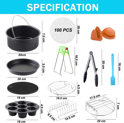 Set 12 accesorii pentru friteuza cu aer cald, compatibil cu modelele Airfryer de 3.3 litri, cu forme de prajituri, tava pentru pizza, tava de coacere, gratare, spatula, clesti si protectie din silicon, universal