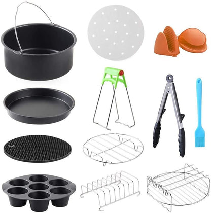 Set 12 accesorii pentru friteuza cu aer cald, compatibil cu modelele Airfryer de 3.3 litri, cu forme de prajituri, tava pentru pizza, tava de coacere, gratare, spatula, clesti si protectie din silicon, universal