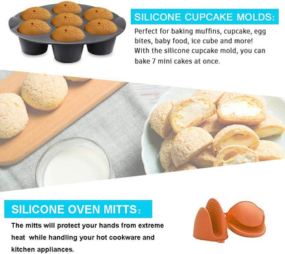 Set 12 accesorii pentru friteuza cu aer cald, compatibil cu modelele Airfryer de 3.3 litri, cu forme de prajituri, tava pentru pizza, tava de coacere, gratare, spatula, clesti si protectie din silicon, universal