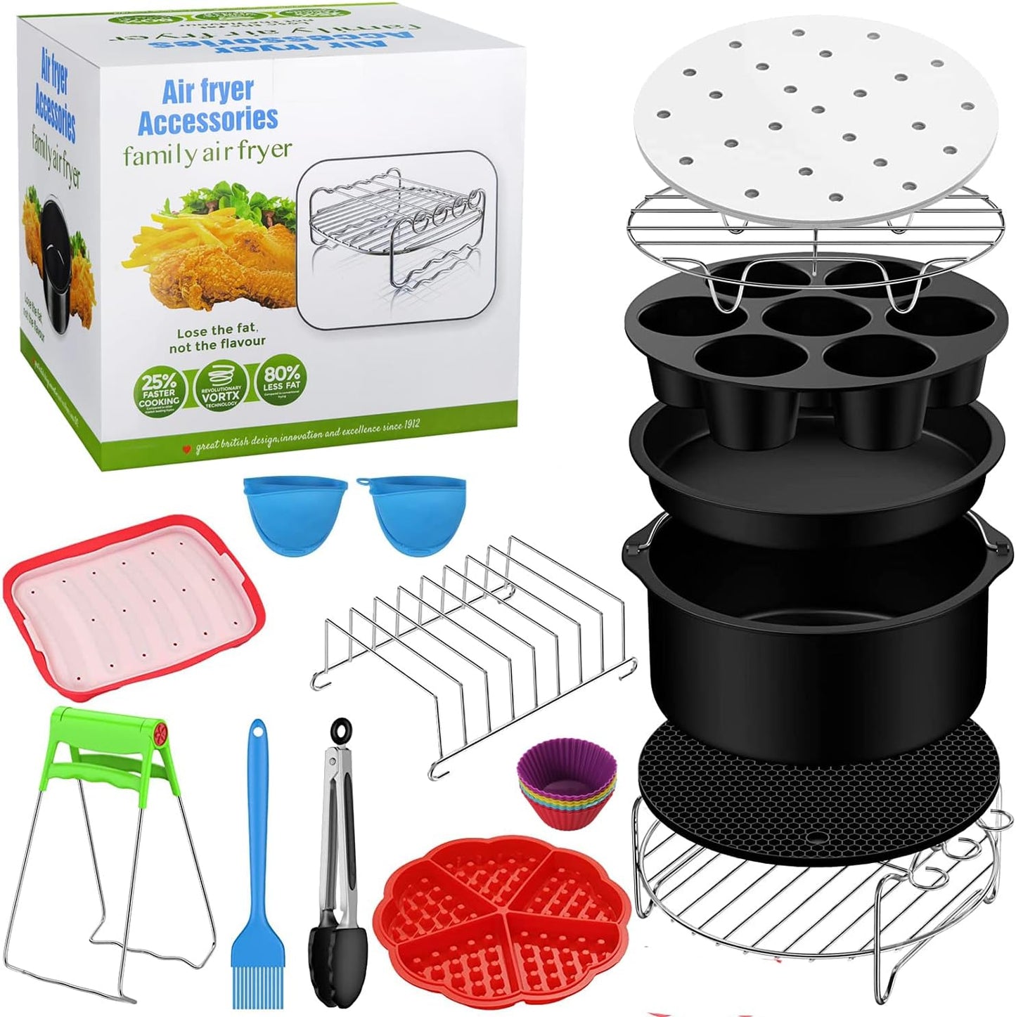 Accesorii pentru Friteuza cu aer cald, set 16 piese, compatibile cu modelele Airfryer de 4.2L-5.8L, Phillips, Gowise, forme de prajituri, tava pentru pizza, tava de coacere, gratare, hartie de copt, spatula, clesti si protectie din silicon