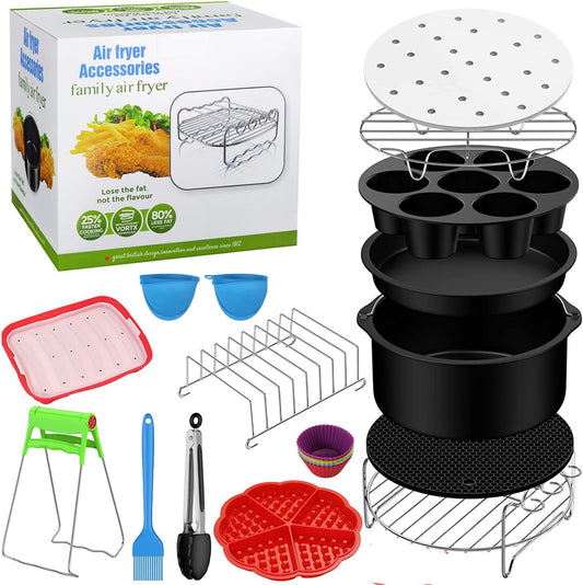 Accesorii pentru Friteuza cu aer cald, set 16 piese, compatibile cu modelele Airfryer de 4.2L-5.8L, Phillips, Gowise, forme de prajituri, tava pentru pizza, tava de coacere, gratare, hartie de copt, spatula, clesti si protectie din silicon
