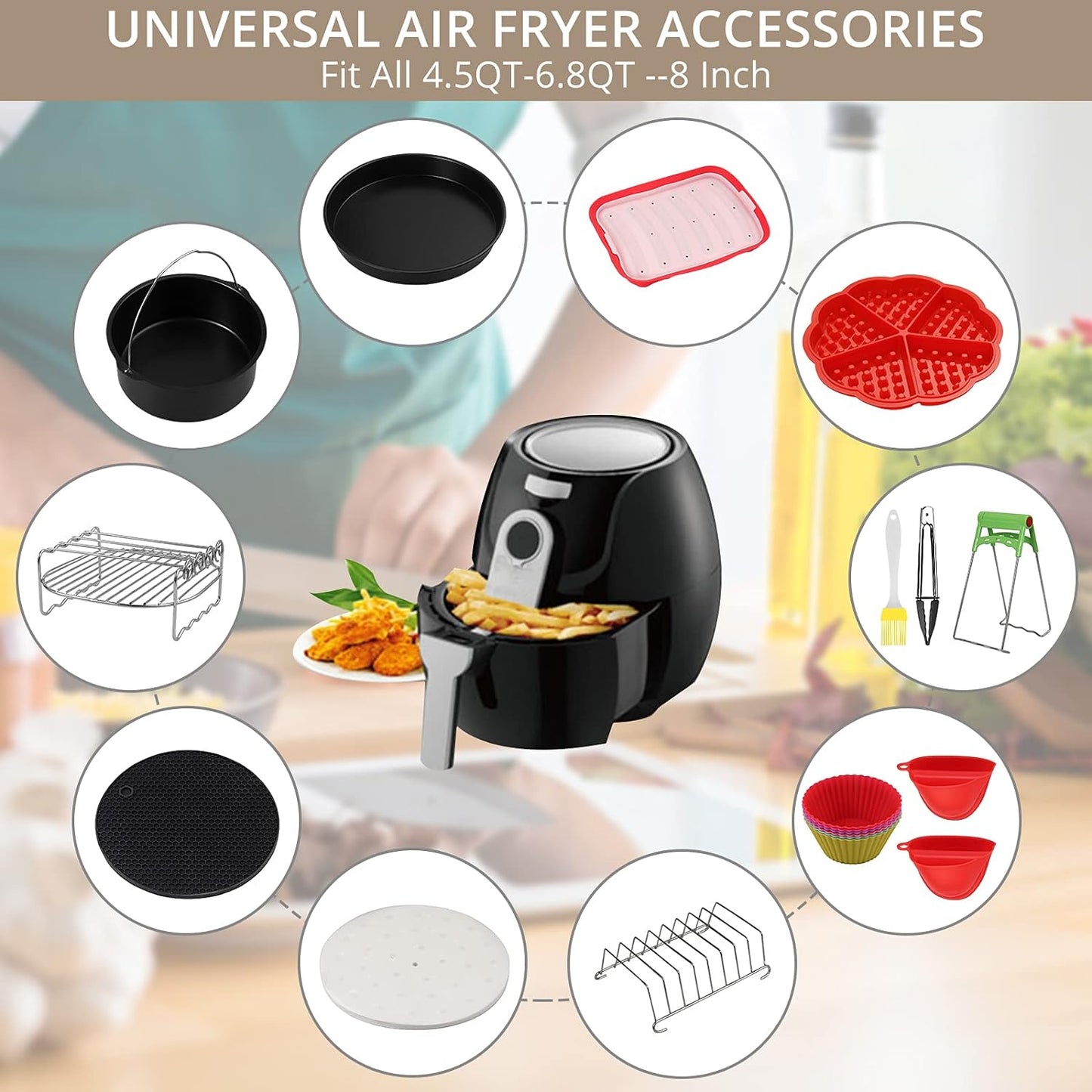 Accesorii pentru Friteuza cu aer cald, set 16 piese, compatibile cu modelele Airfryer de 4.2L-5.8L, Phillips, Gowise, forme de prajituri, tava pentru pizza, tava de coacere, gratare, hartie de copt, spatula, clesti si protectie din silicon